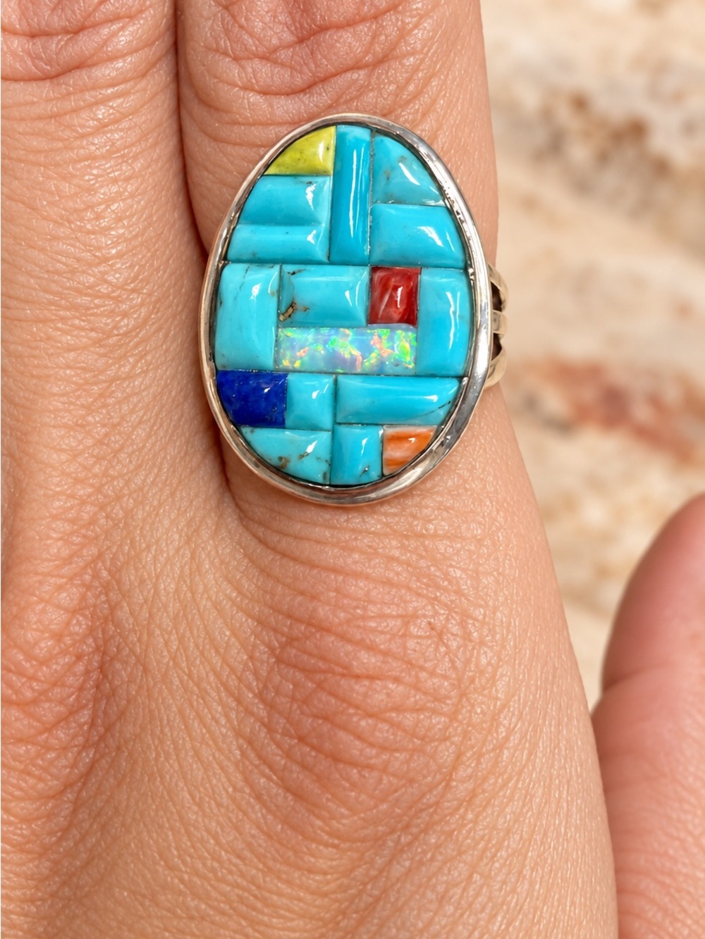 1970’s Vintage Turquoise Multi-Stone Inlay Oval 925 Sterling Silver Ring